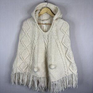 Pachaman 100% Wool Hooded Poncho Cable Knit Fringe Cape Ecuador